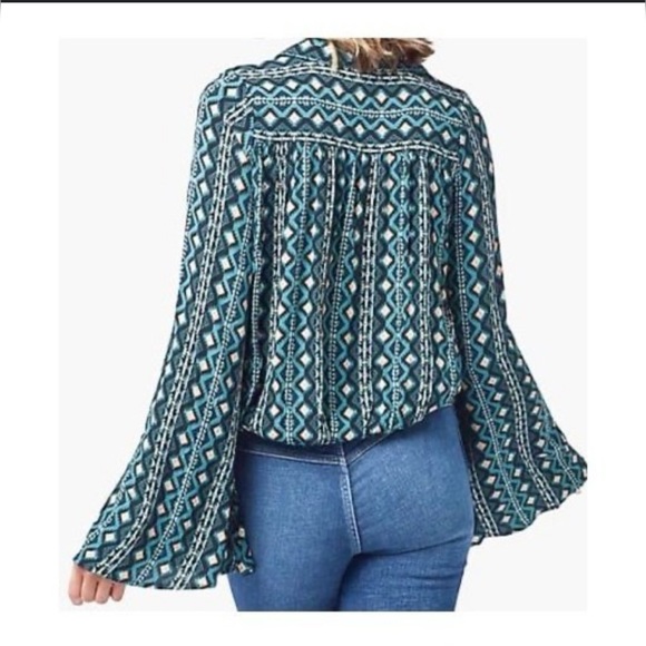 Wrangler Retro Collared Crop Bell Sleeve Top XL Green Print - Picture 1 of 12